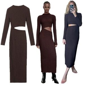 Zara Brown Textured Ruched Maxi Midi Long Sleeve High Neck Stretch Cut Out Dress